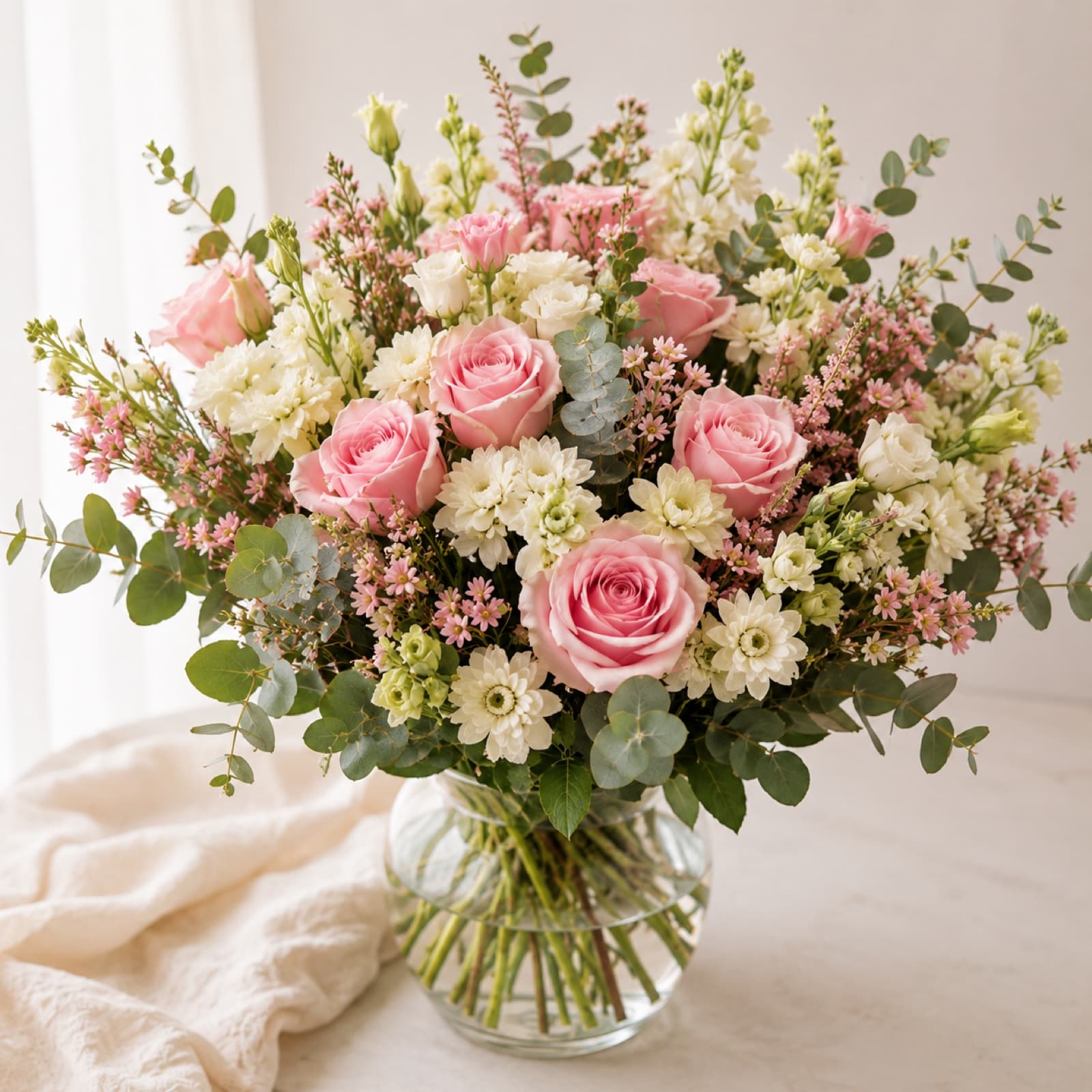 This week's bouquet — pink roses, stocks and eucalyptus, arranged in the studio